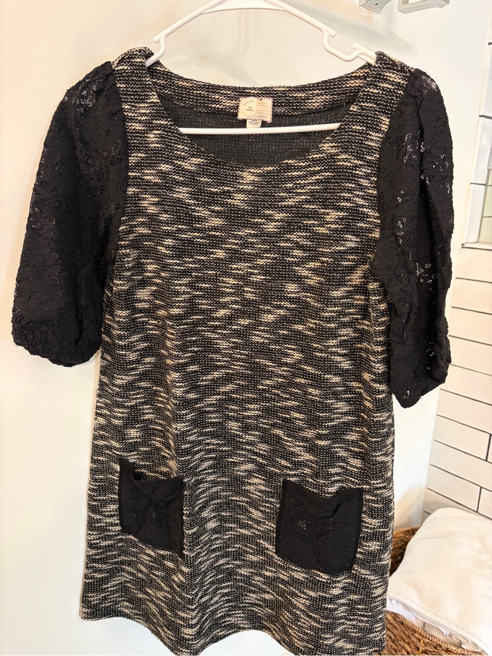 Anthropologie Black and Cream Knit Mini Dress with Lace Sleeves